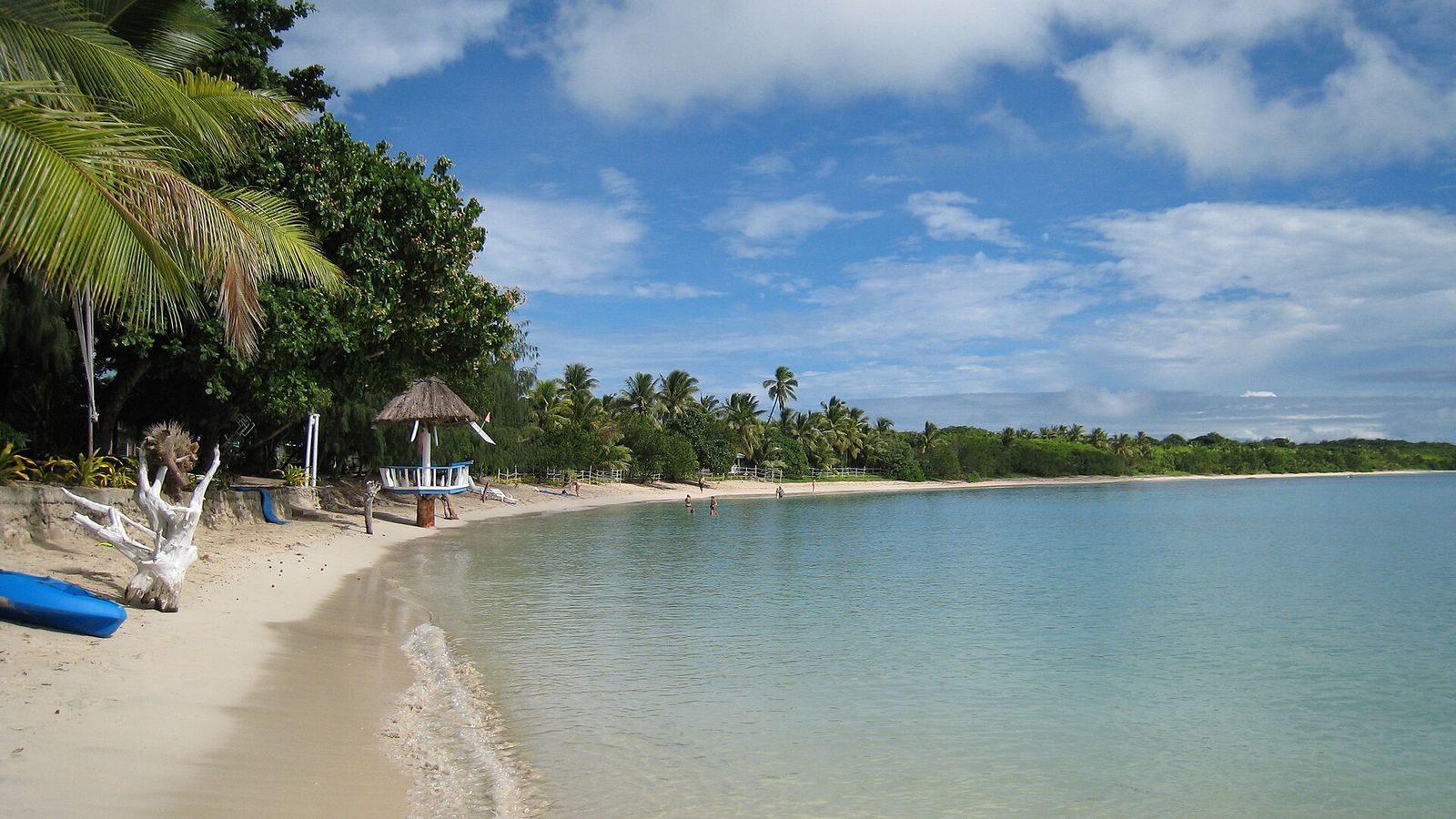 Rustig strand met palmen en een kajak op Nacula in de Yasawa-eilanden