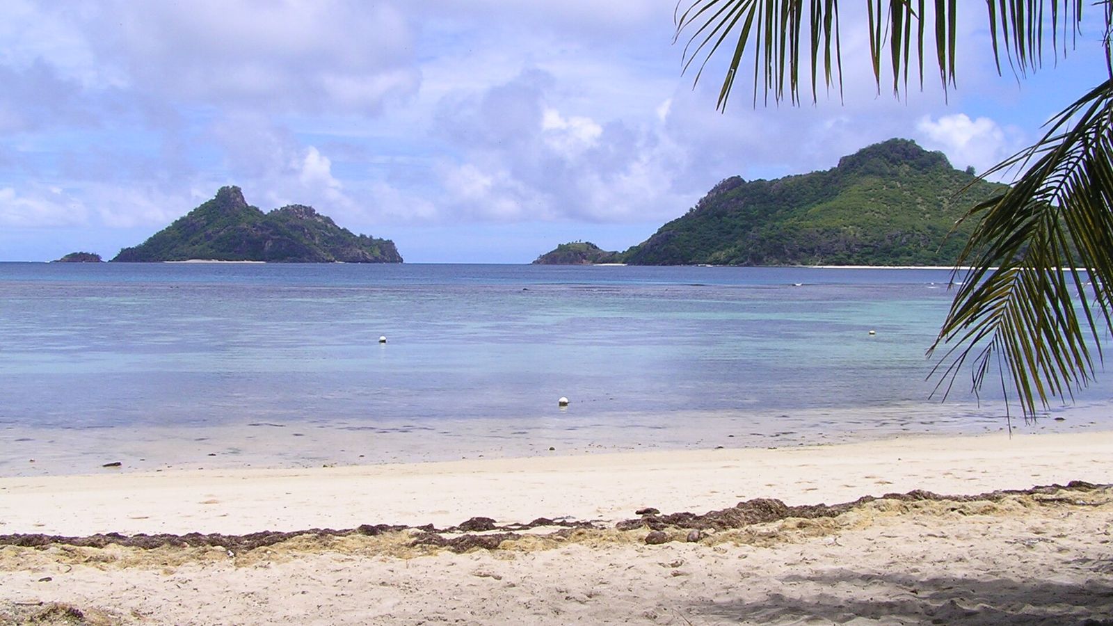 Zonnig uitzicht vanaf een strand met palmen over de Mamanuca-eilanden