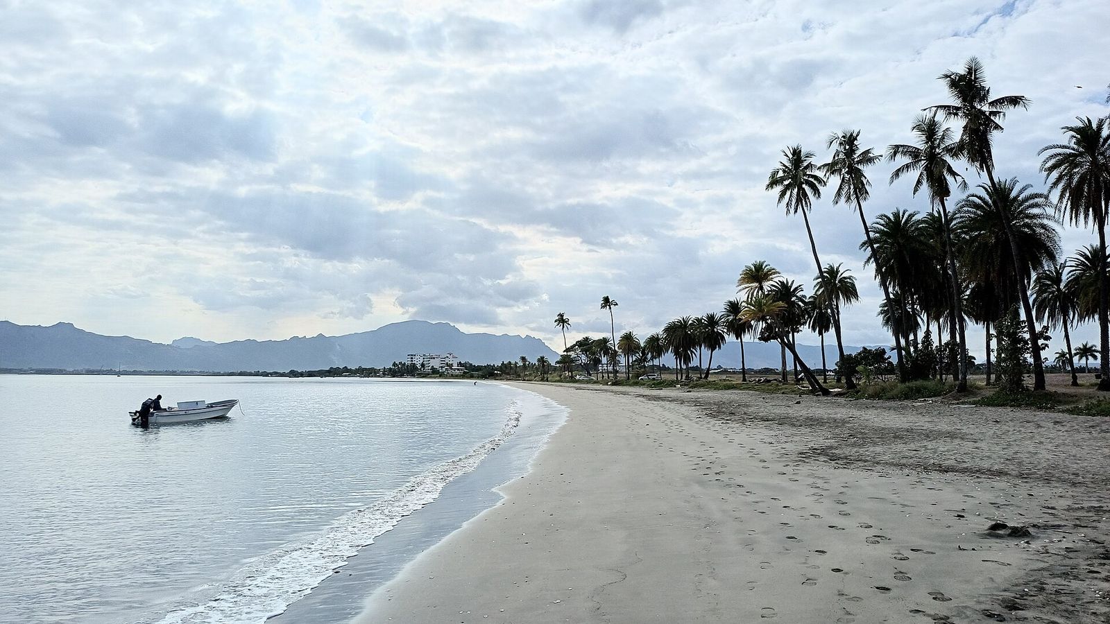 Wailoaloa Beach bij Nadi met palmen en een vissersbootje