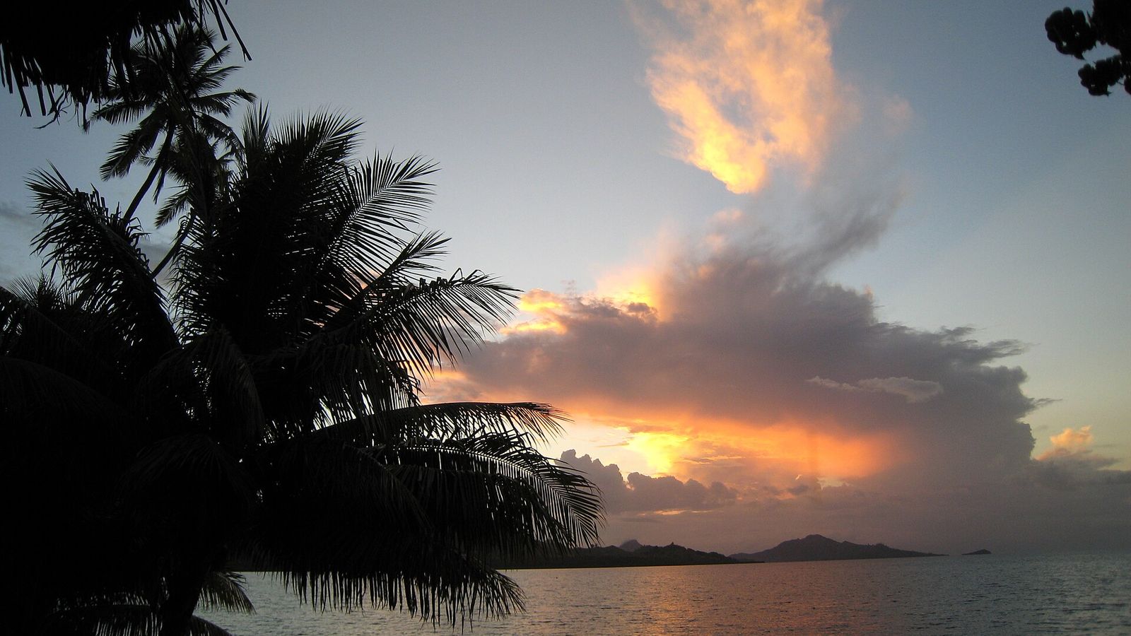 Zonsondergang achter palmbomen bij Nukubati Island