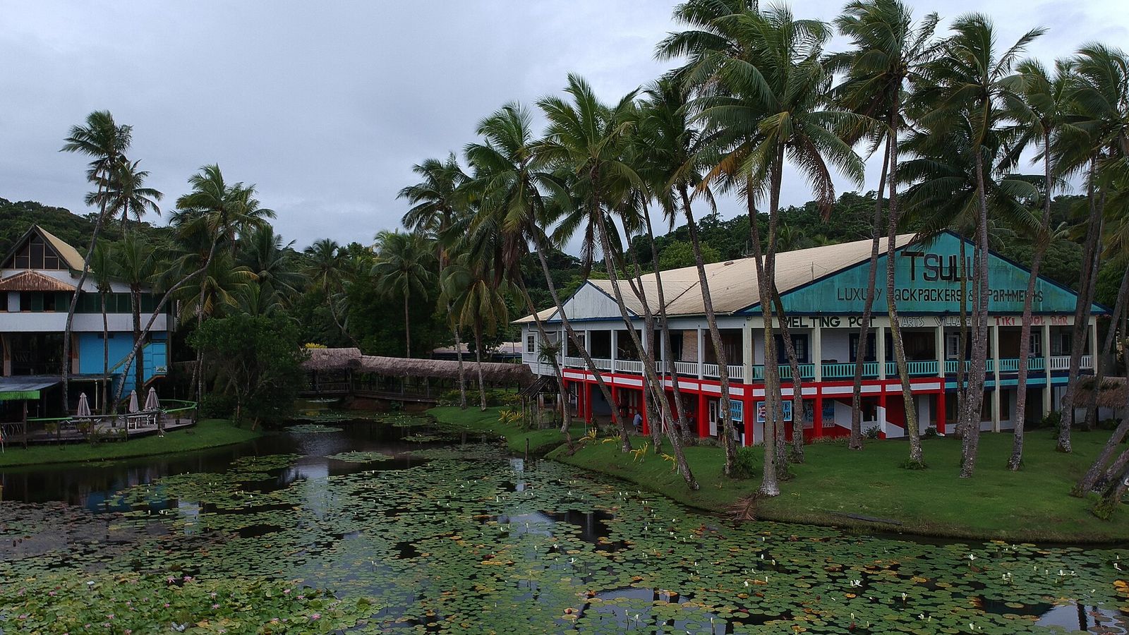 Gebouwen tussen hoge palmen aan een lelievijver in Pacific Harbour