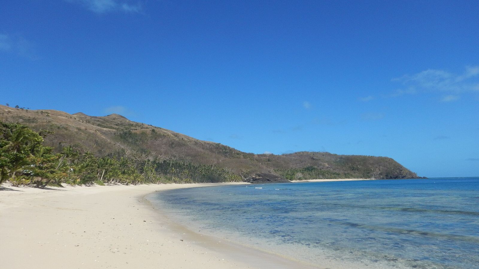 Wit strand met palmen en groene heuvels op Naviti in de Yasawa-eilanden